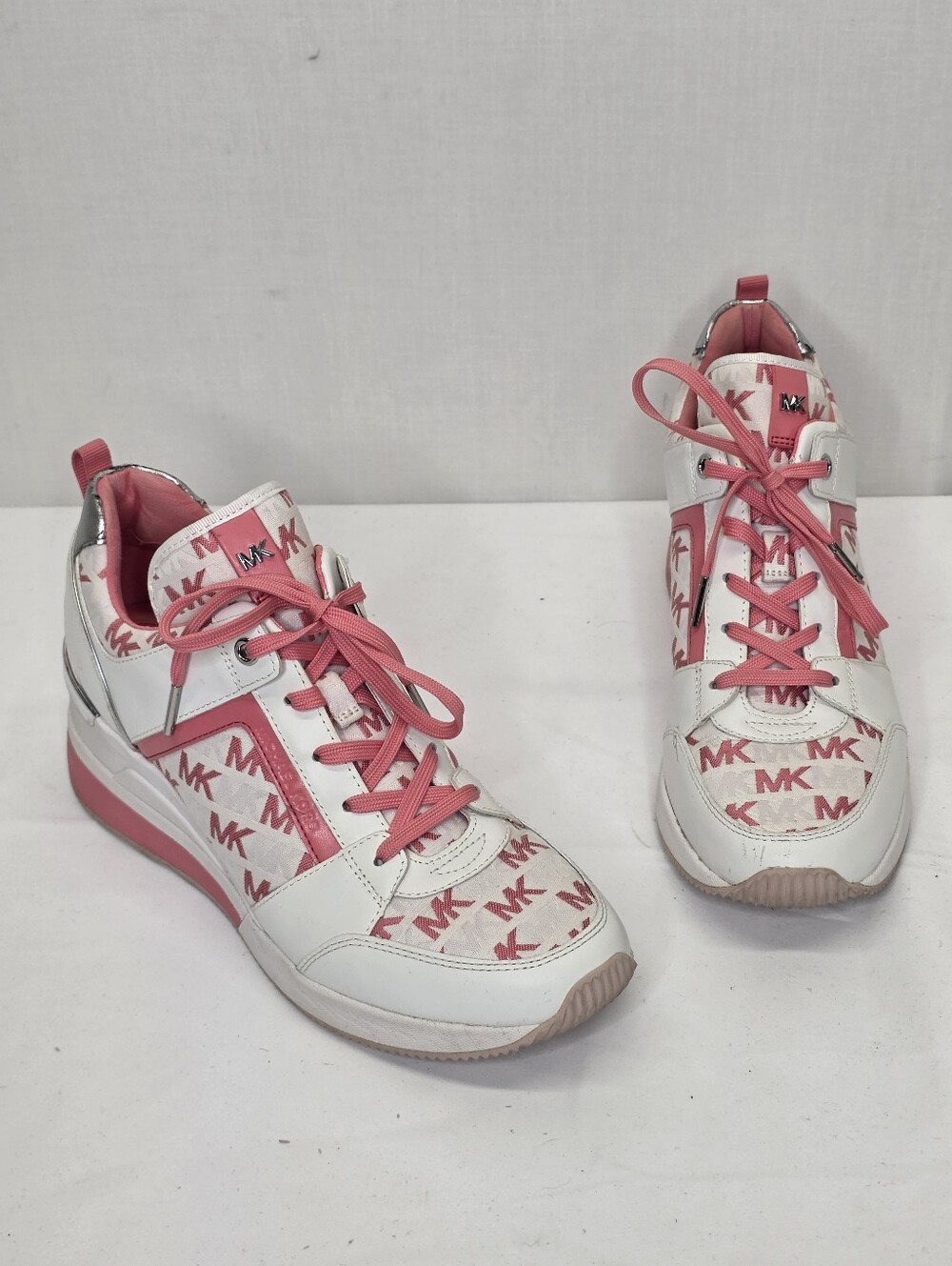 Michael Kors Pink & White MK Logo Allie Wedge Trainer Sneakers Sz 9.5